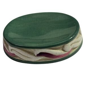vintage studio art pottery soap dish green white